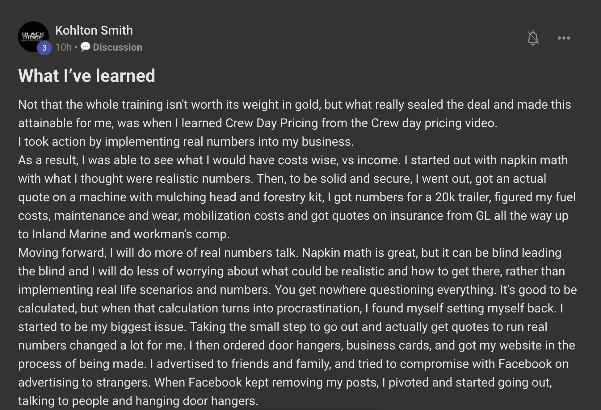 Kohlton Smith – detailed post about crew day pricing changing his business